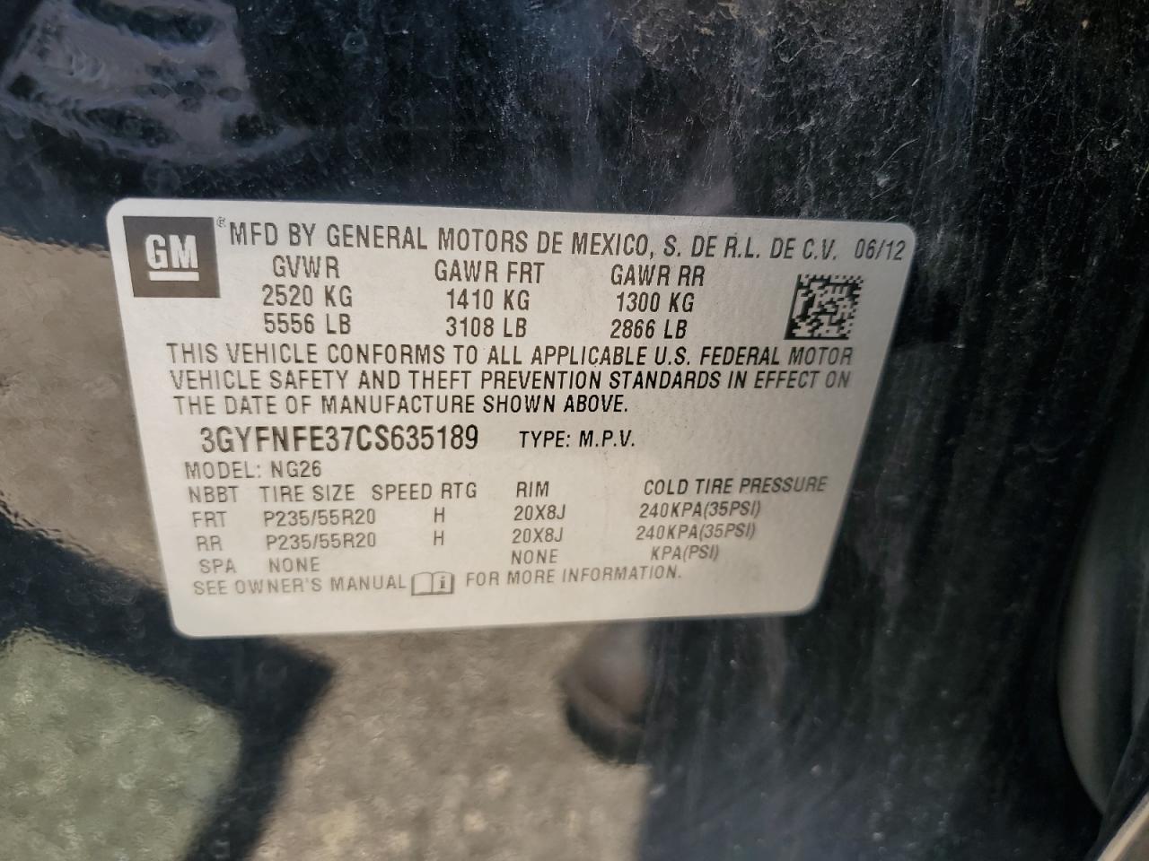 3GYFNFE37CS635189 2012 Cadillac Srx Premium Collection