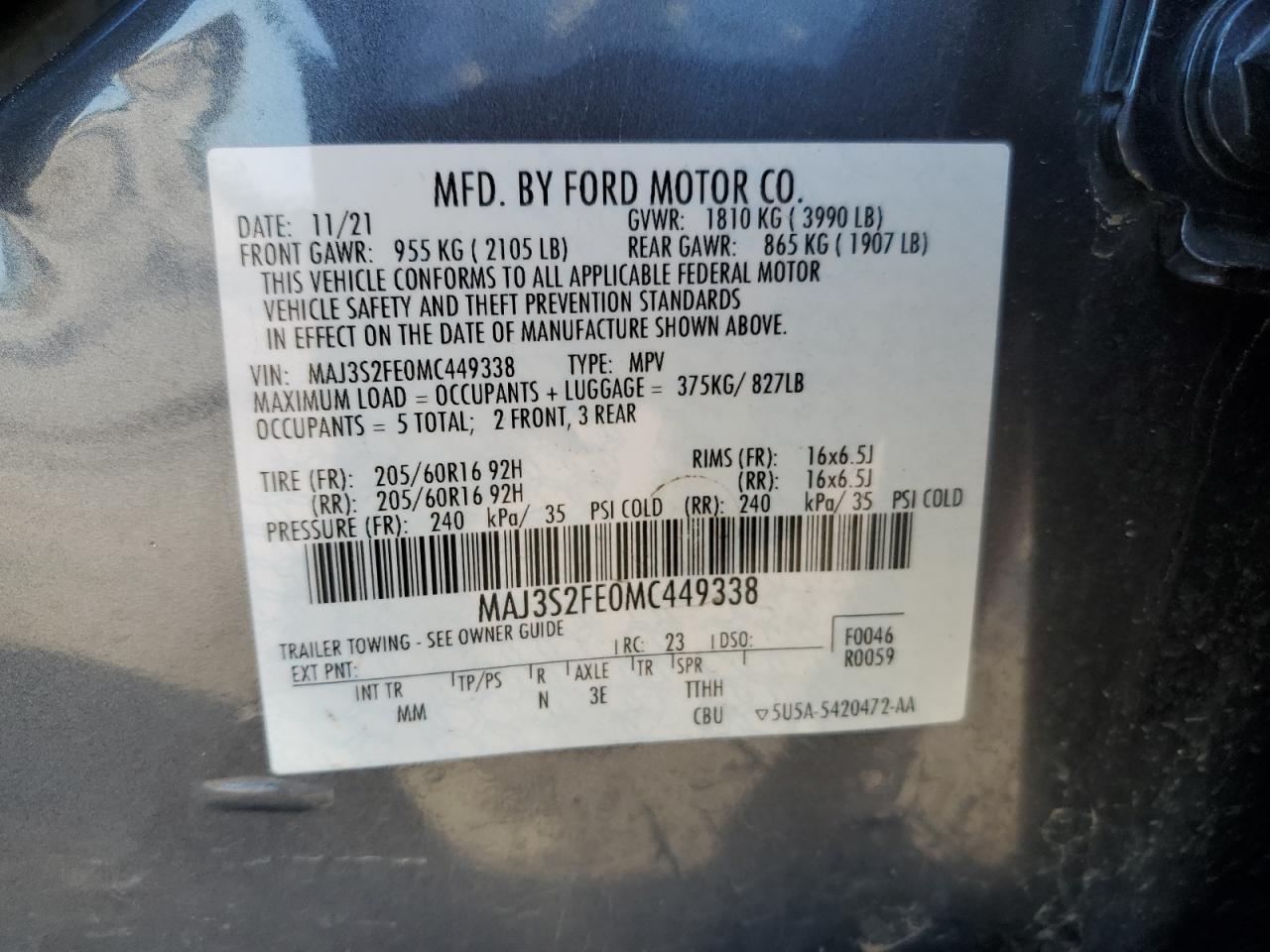 MAJ3S2FE0MC449338 2021 Ford Ecosport S