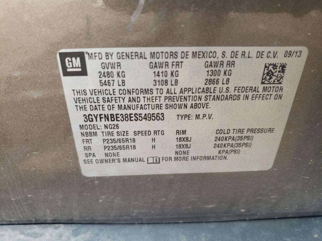 3GYFNBE38ES549563 2014 Cadillac Srx Luxury Collection