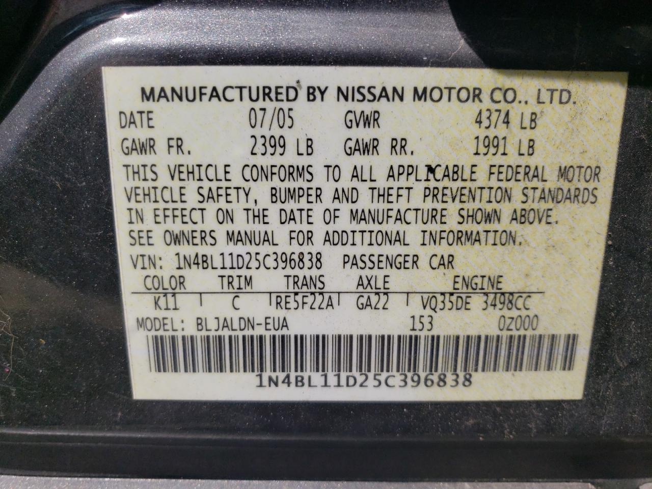 1N4BL11D25C396838 2005 Nissan Altima Se