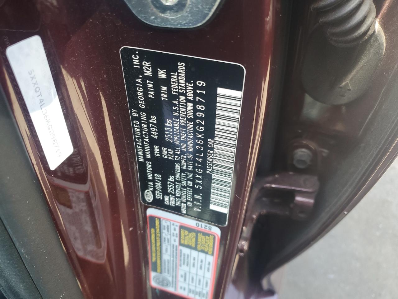 5XXGT4L36KG298719 2019 Kia Optima Lx