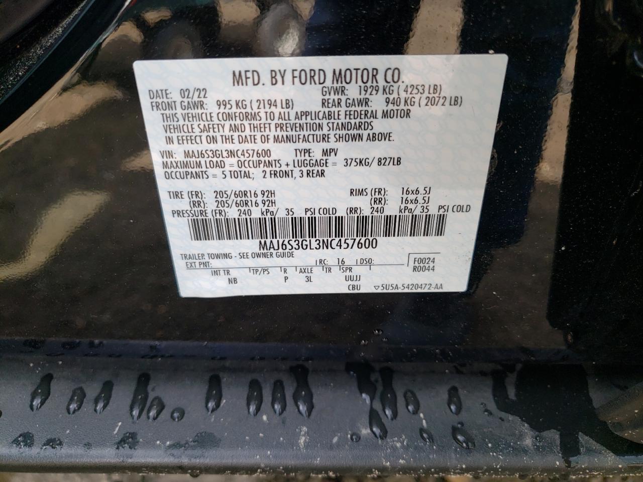 MAJ6S3GL3NC457600 FORD ECOSPORT 2022