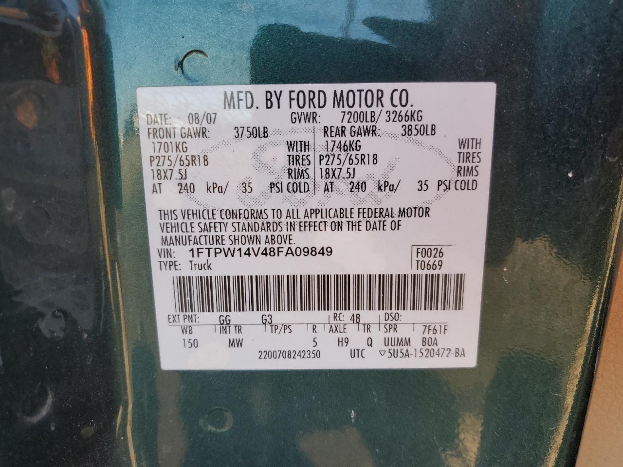 1FTPW14V48FA09849 2008 Ford F150 Supercrew