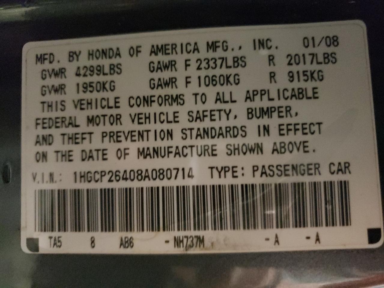 1HGCP26408A080714 2008 Honda Accord Lxp