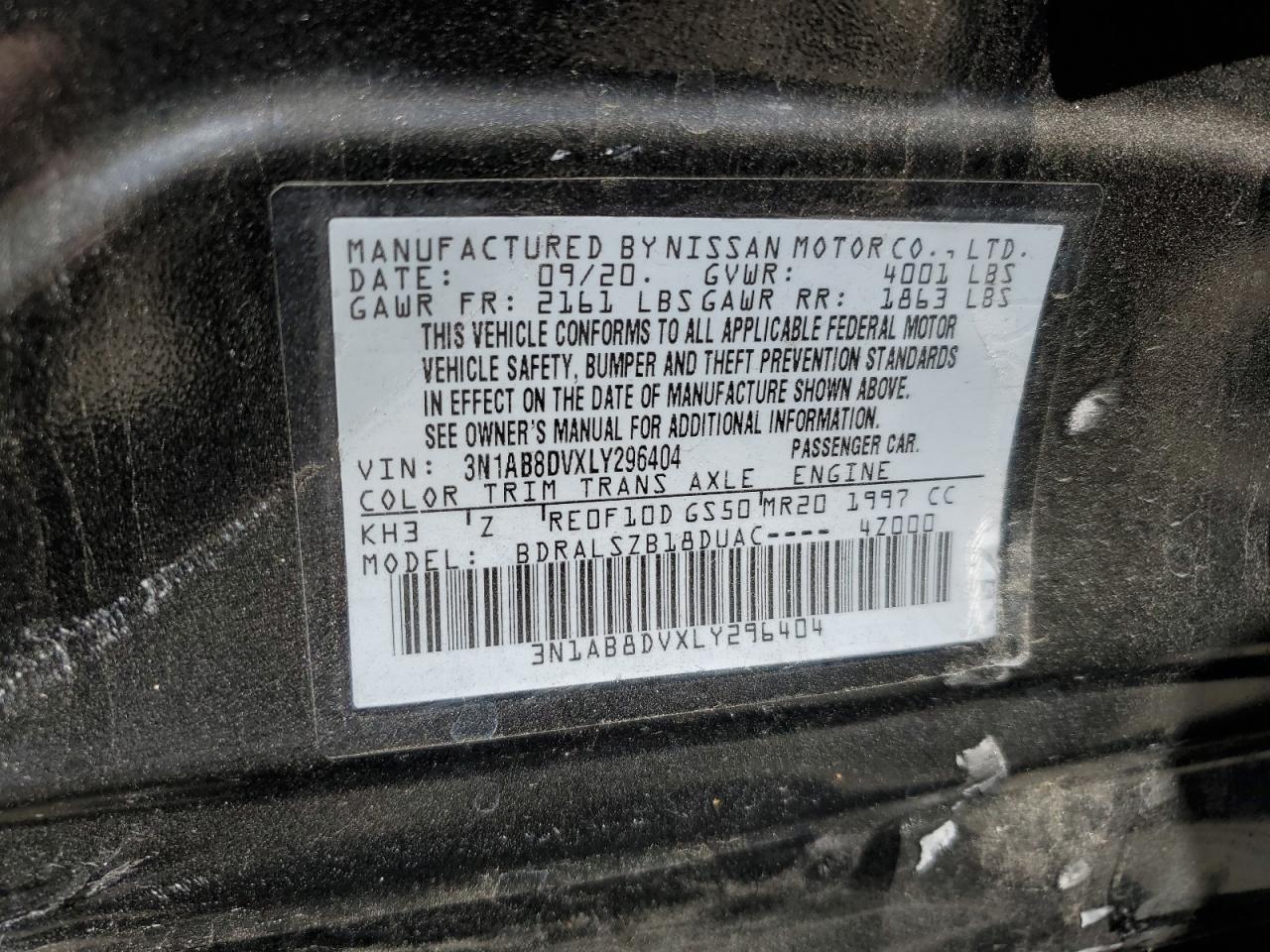 3N1AB8DVXLY296404 2020 Nissan Sentra Sr