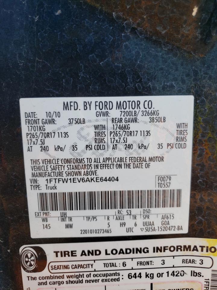 1FTFW1EV6AKE64404 2010 Ford F150 Supercrew