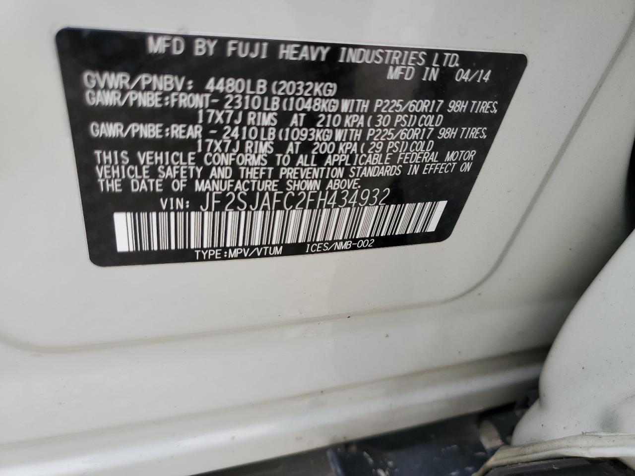 JF2SJAFC2FH434932 2015 Subaru Forester 2.5I Premium