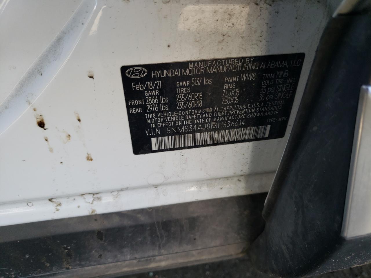 5NMS34AJ8MH336614 2021 Hyundai Santa Fe Sel