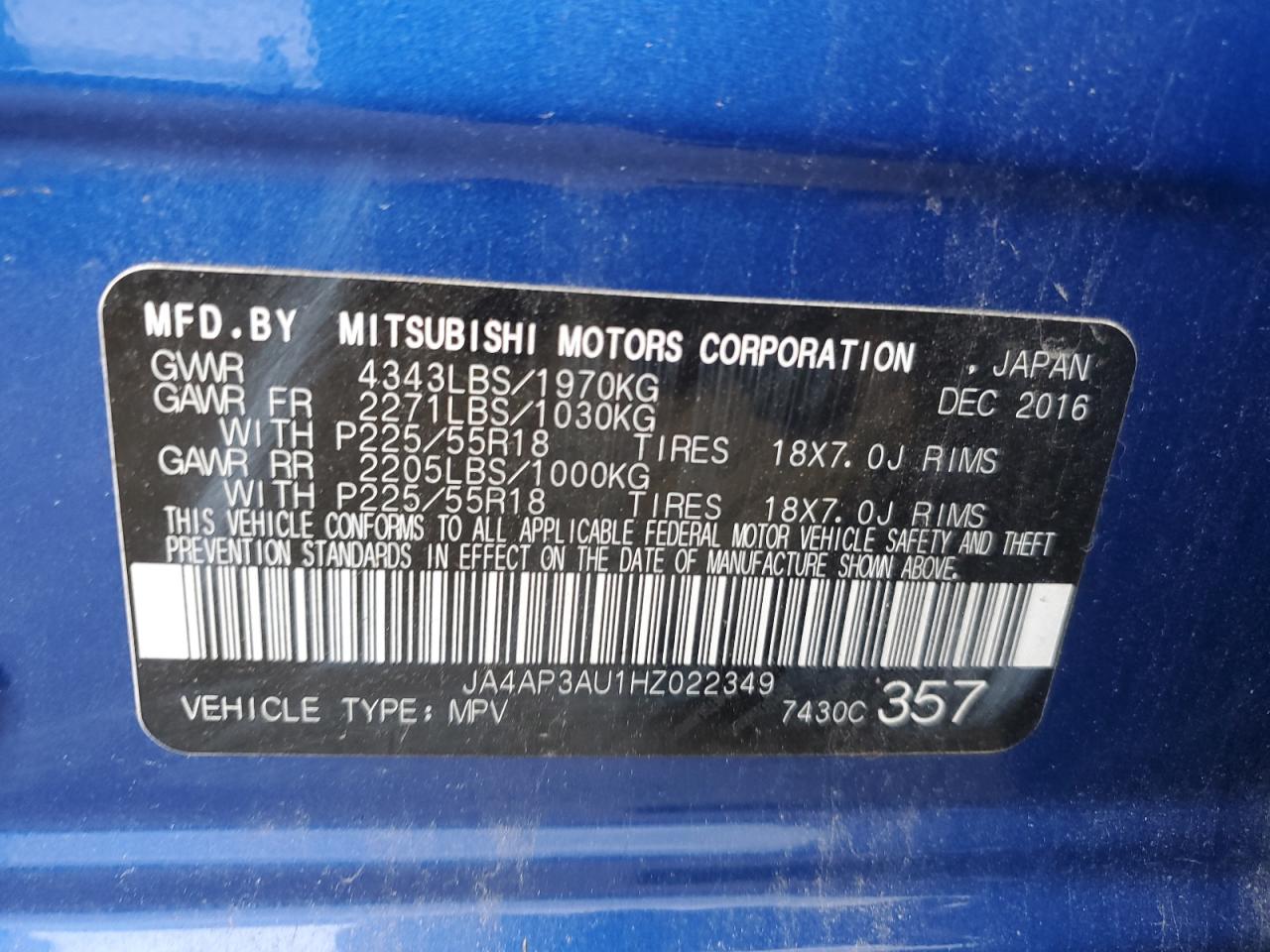 JA4AP3AU1HZ022349 2017 Mitsubishi Outlander Sport Es