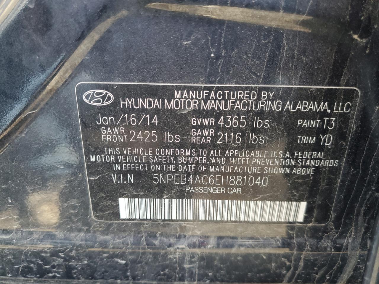 5NPEB4AC6EH881040 2014 Hyundai Sonata Gls