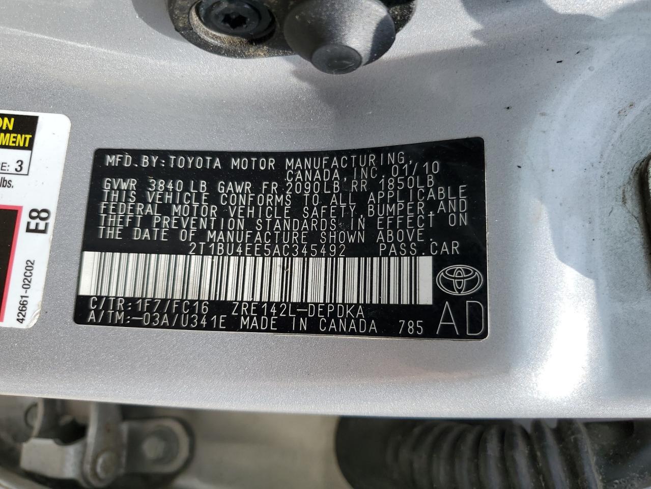 2T1BU4EE5AC345492 2010 Toyota Corolla Base