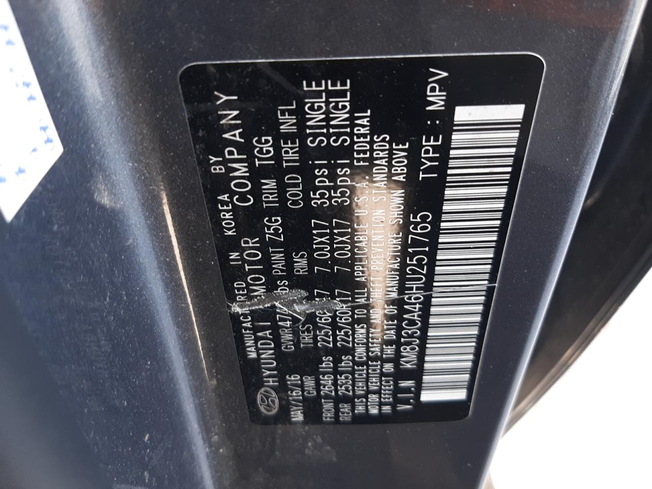 KM8J3CA46HU251765 2017 Hyundai Tucson Limited