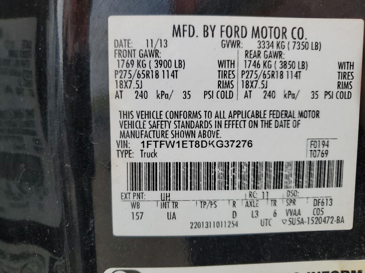 2013 Ford F150 Supercrew vin: 1FTFW1ET8DKG37276