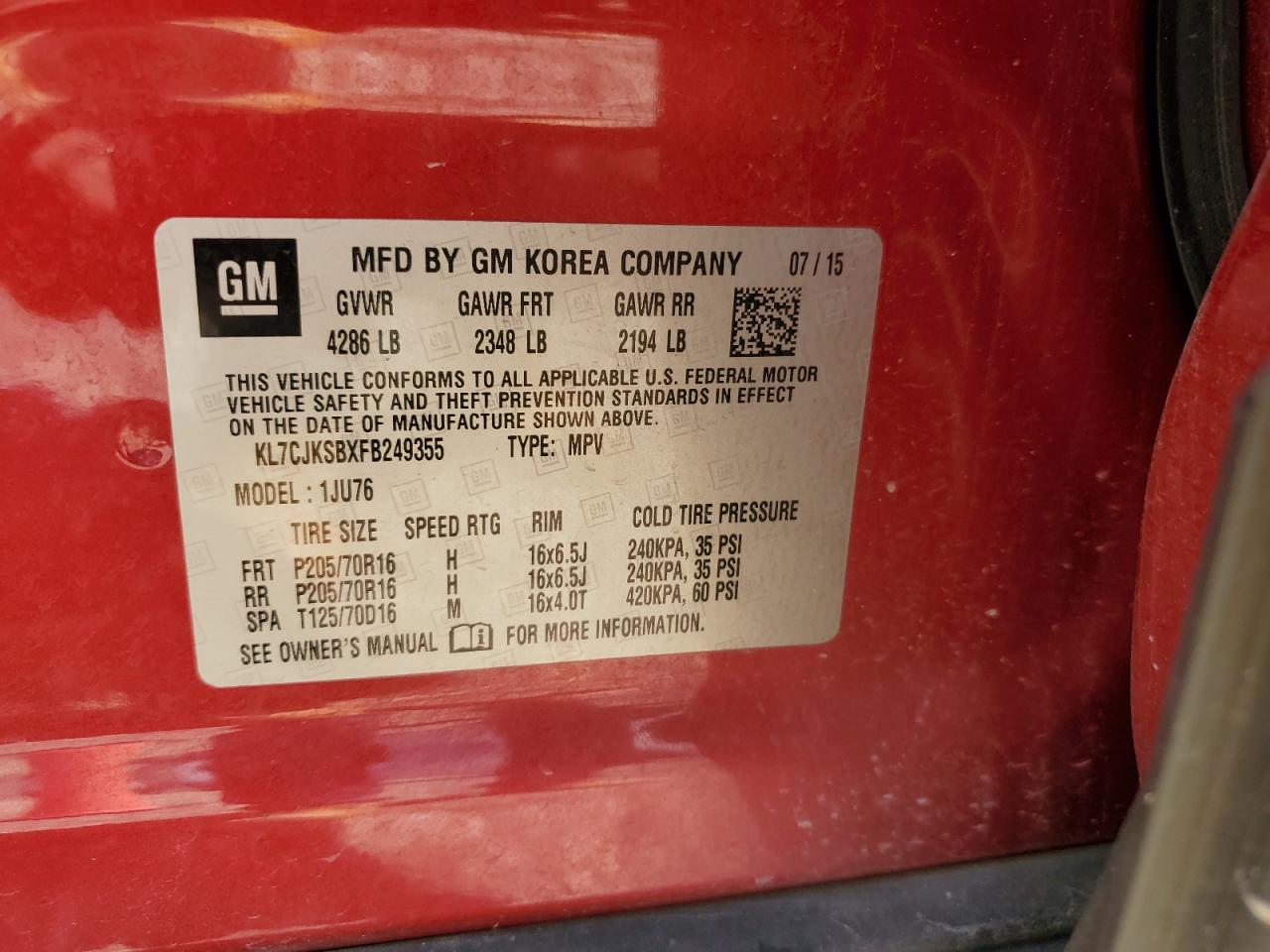 KL7CJKSBXFB249355 2015 Chevrolet Trax Ls