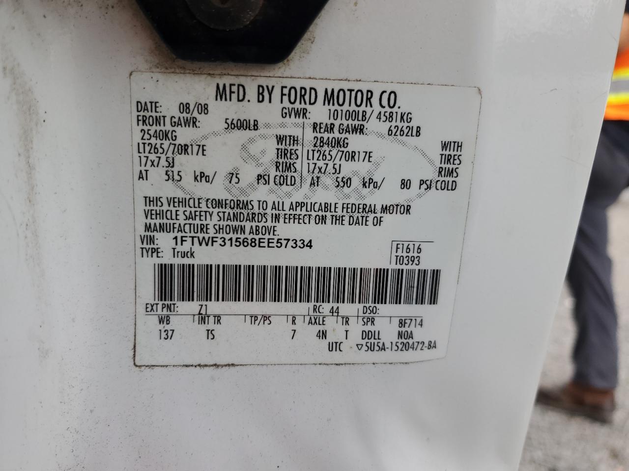 1FTWF31568EE57334 2008 Ford F350 Srw Super Duty
