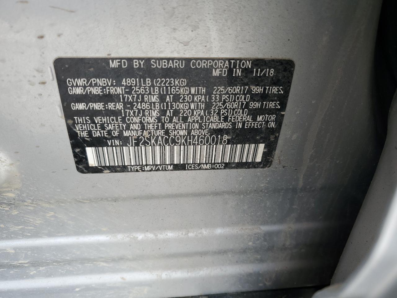 JF2SKACC9KH460018 2019 Subaru Forester