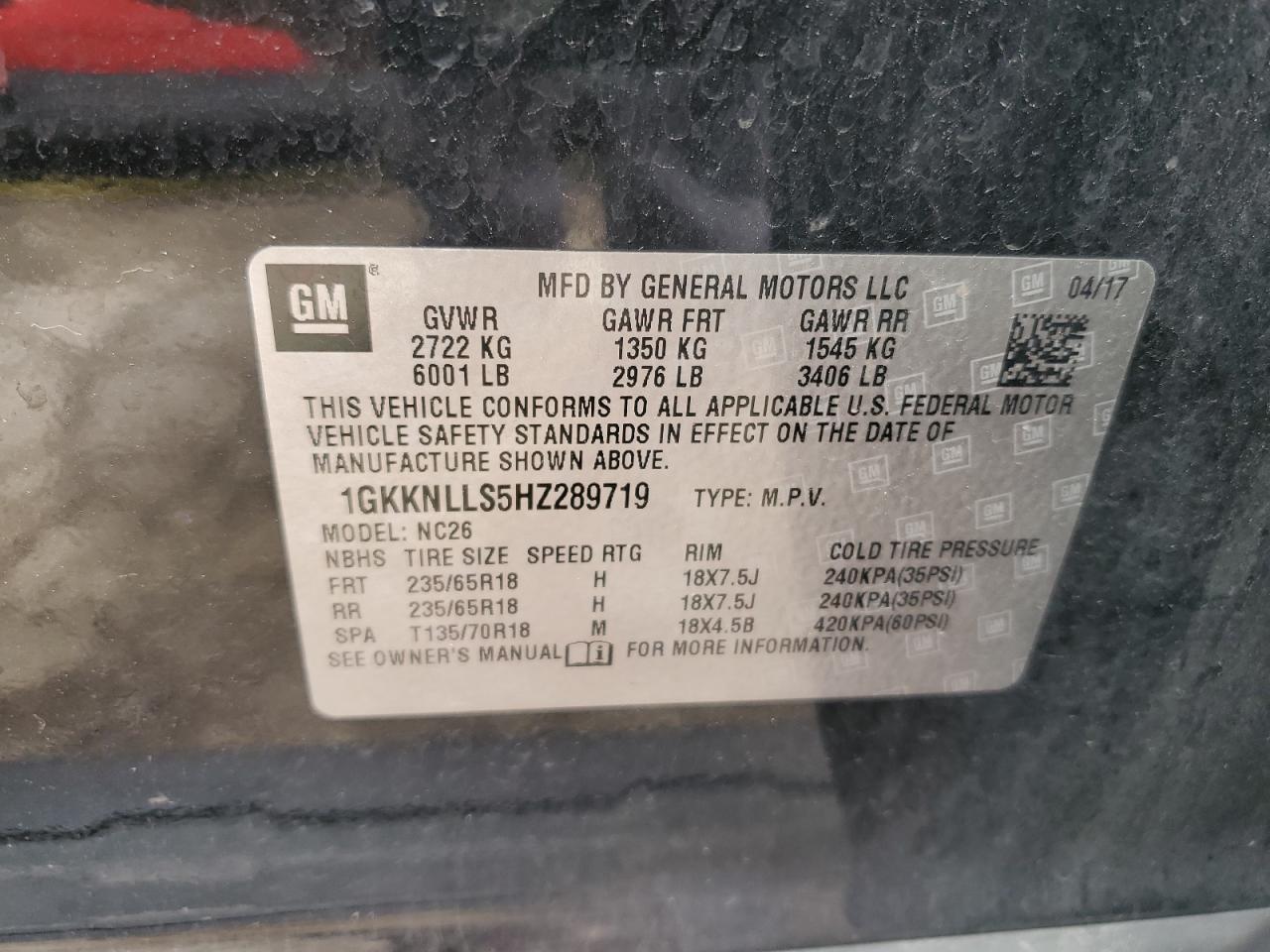 1GKKNLLS5HZ289719 2017 GMC Acadia Sle