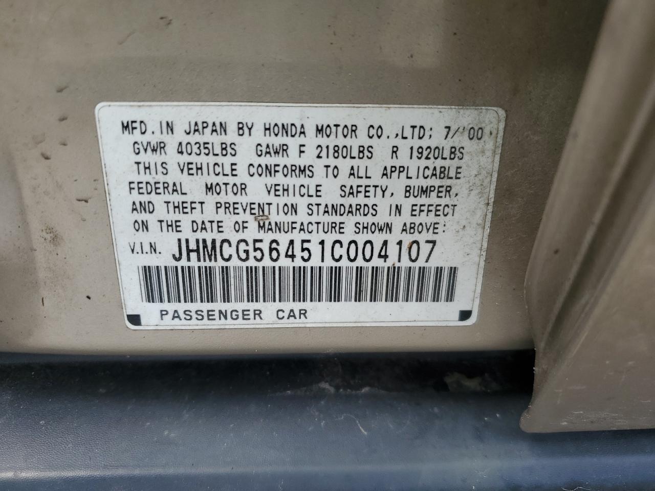 JHMCG56451C004107 2001 Honda Accord Lx