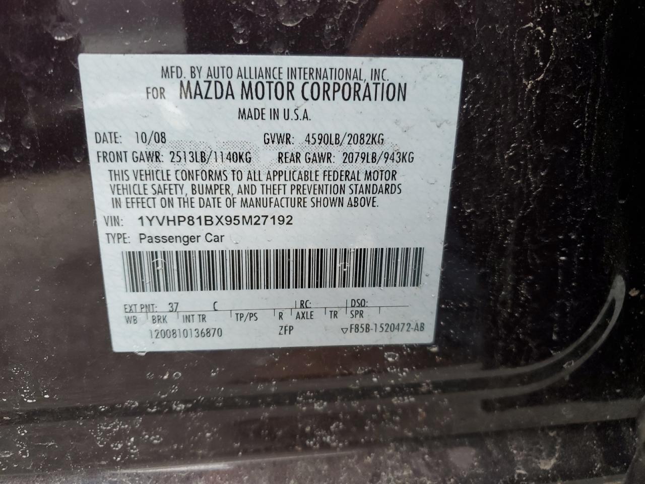 1YVHP81BX95M27192 2009 Mazda 6 S