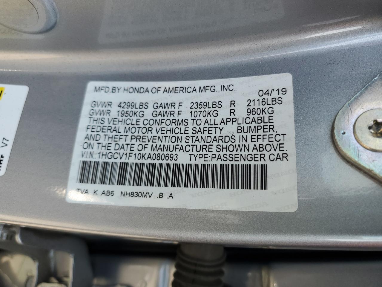 1HGCV1F10KA080693 2019 Honda Accord Lx