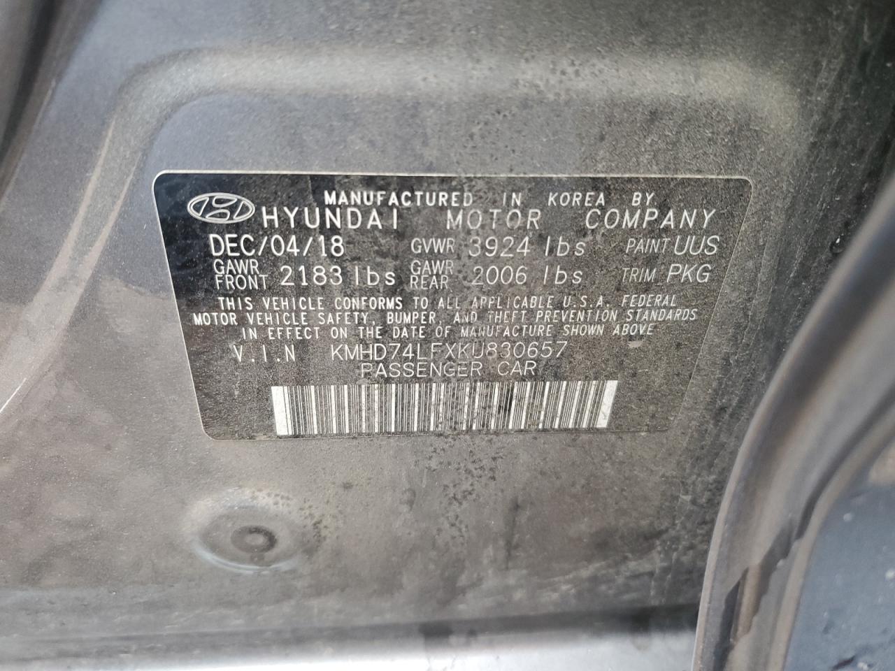 KMHD74LFXKU830657 2019 Hyundai Elantra Se