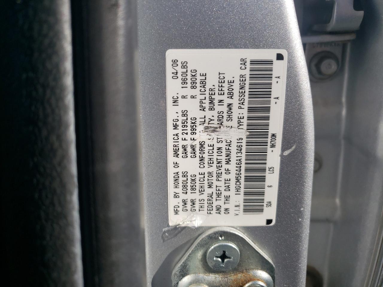 1HGCM56446A134619 2006 Honda Accord Lx