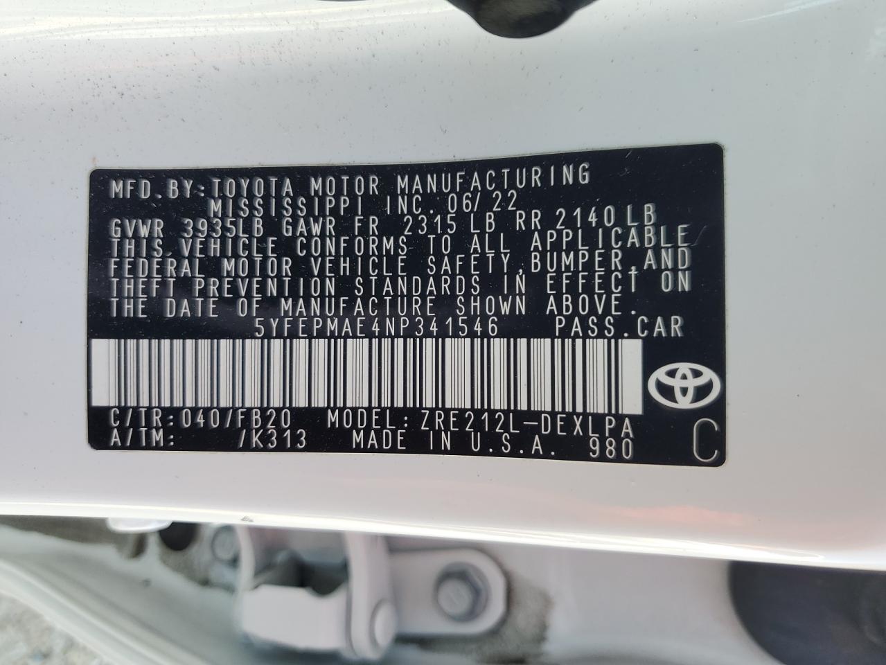 5YFEPMAE4NP341546 2022 Toyota Corolla Le