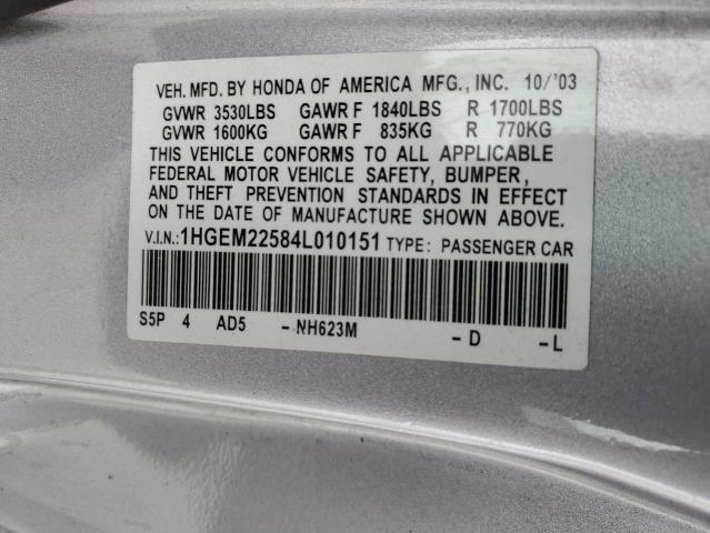 2004 Honda Civic Lx VIN: 1HGEM22584L010151 Lot: 55731074