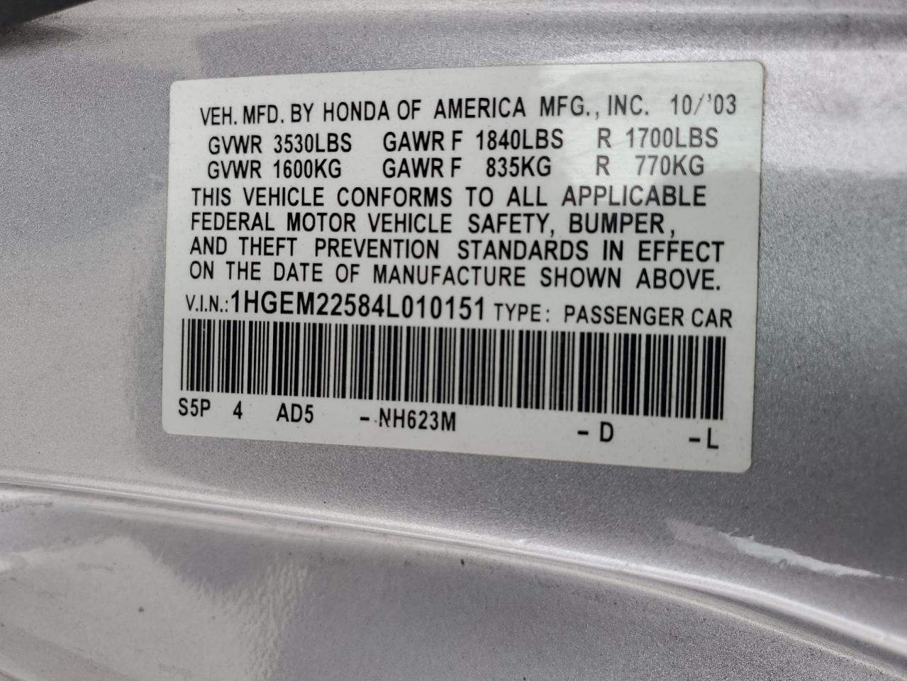 1HGEM22584L010151 2004 Honda Civic Lx