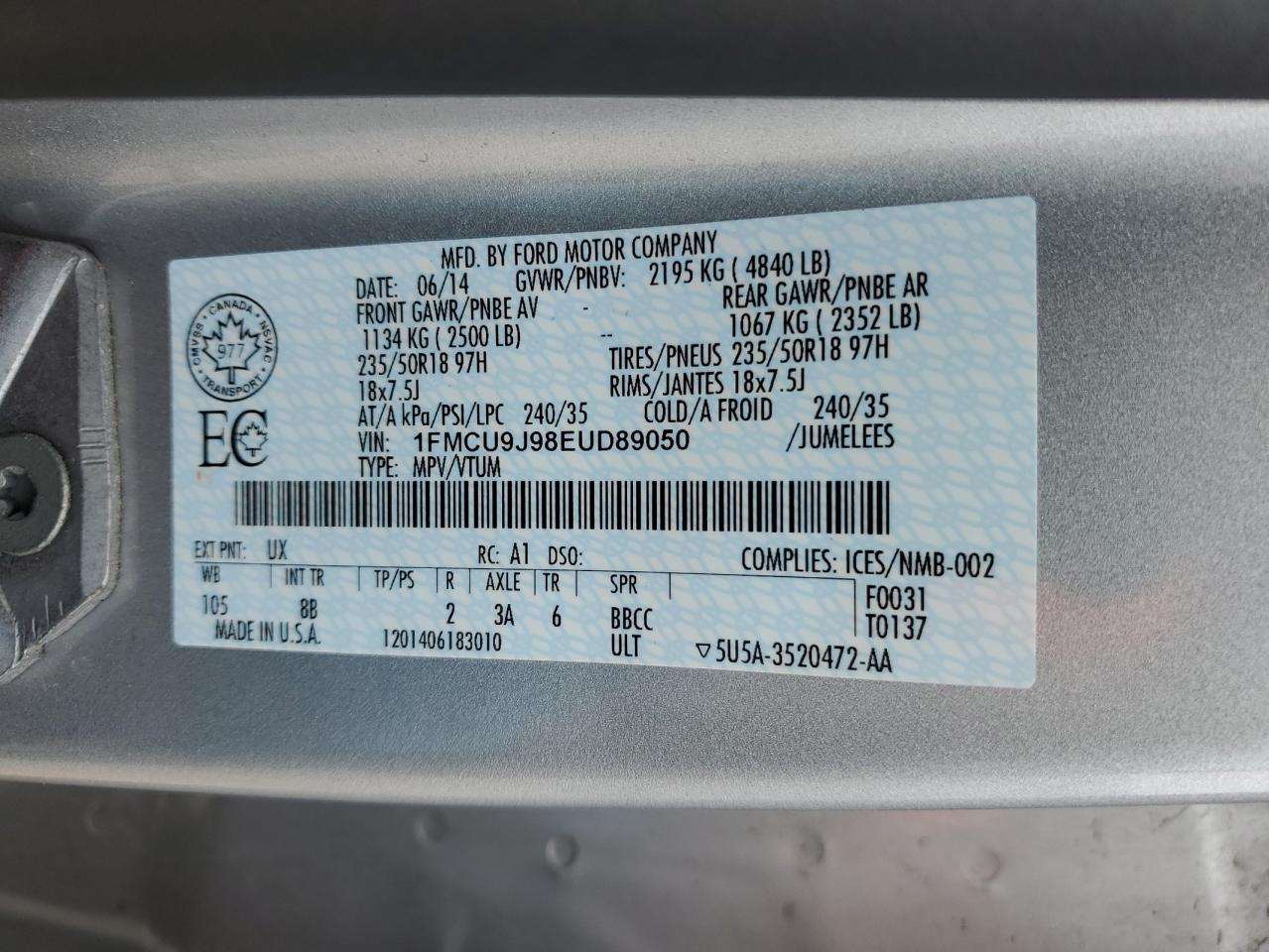 1FMCU9J98EUD89050 2014 Ford Escape Titanium