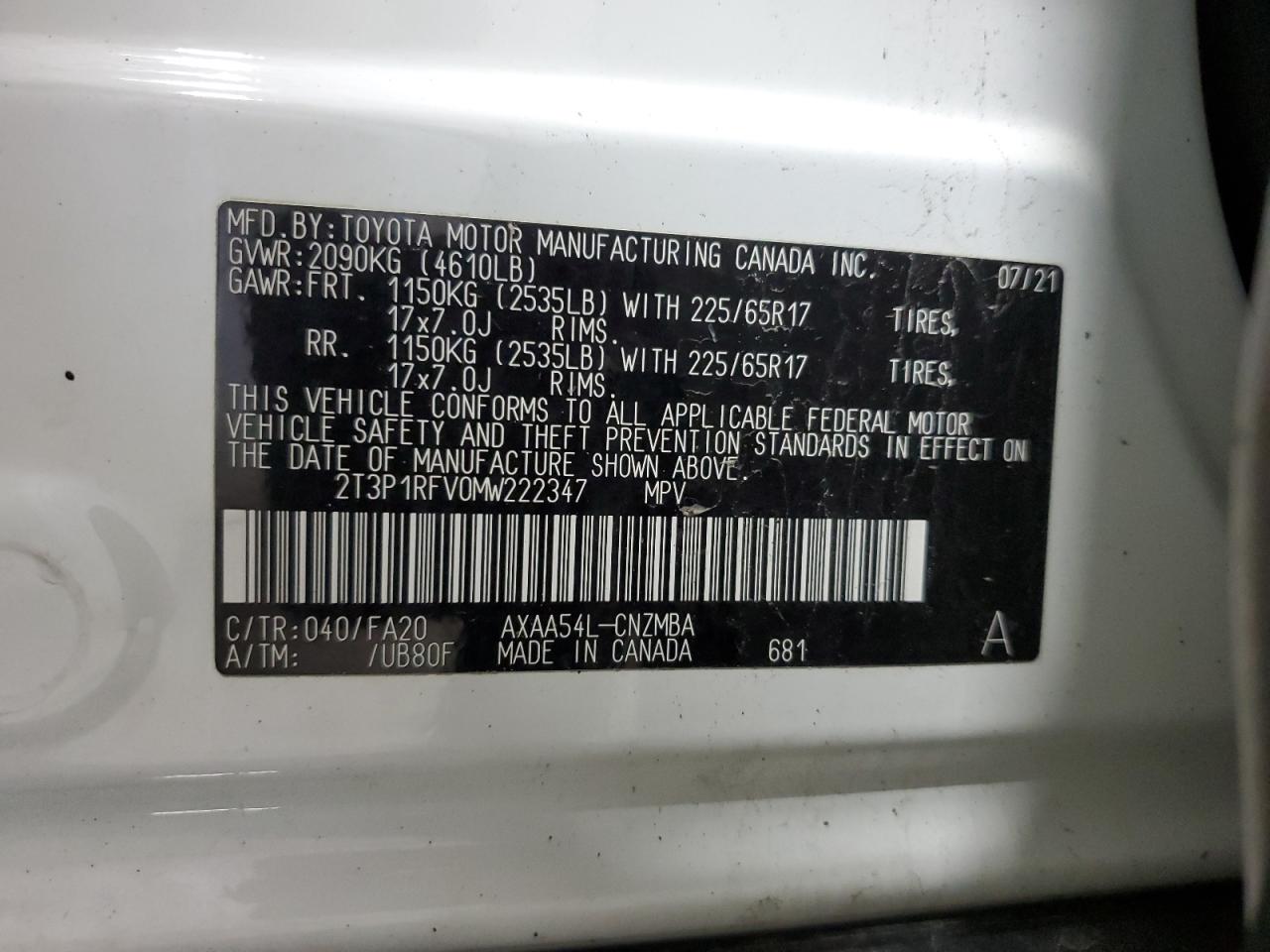 2T3P1RFV0MW222347 2021 Toyota Rav4 Xle