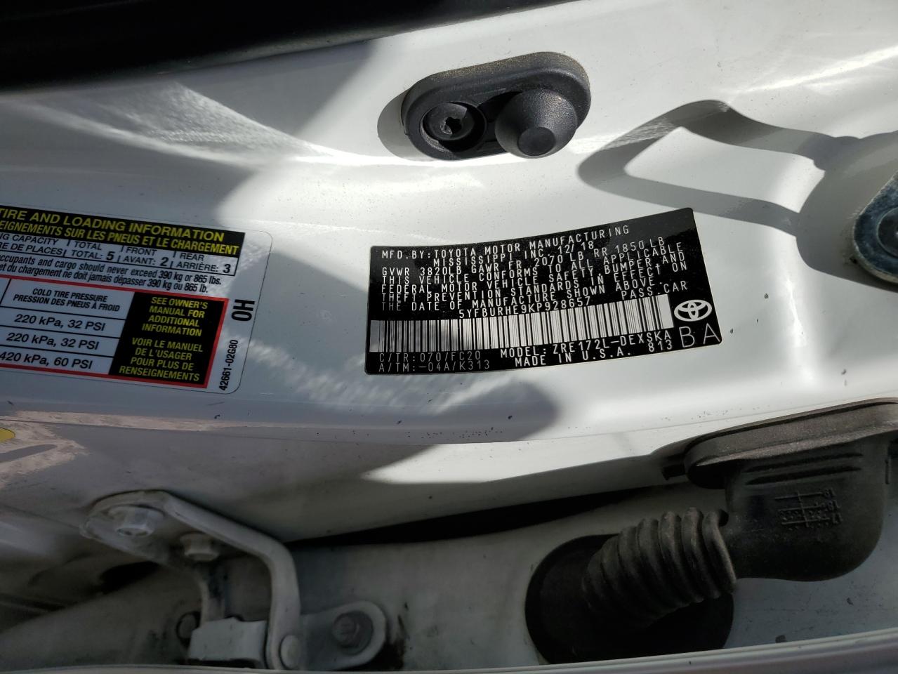 5YFBURHE9KP928657 TOYOTA COROLLA 2019
