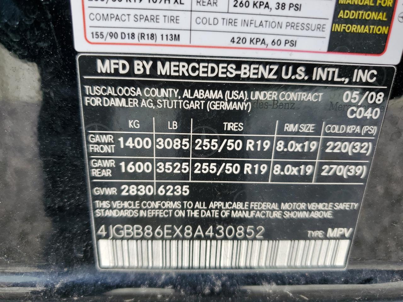 4JGBB86EX8A430852 2008 Mercedes-Benz Ml 350