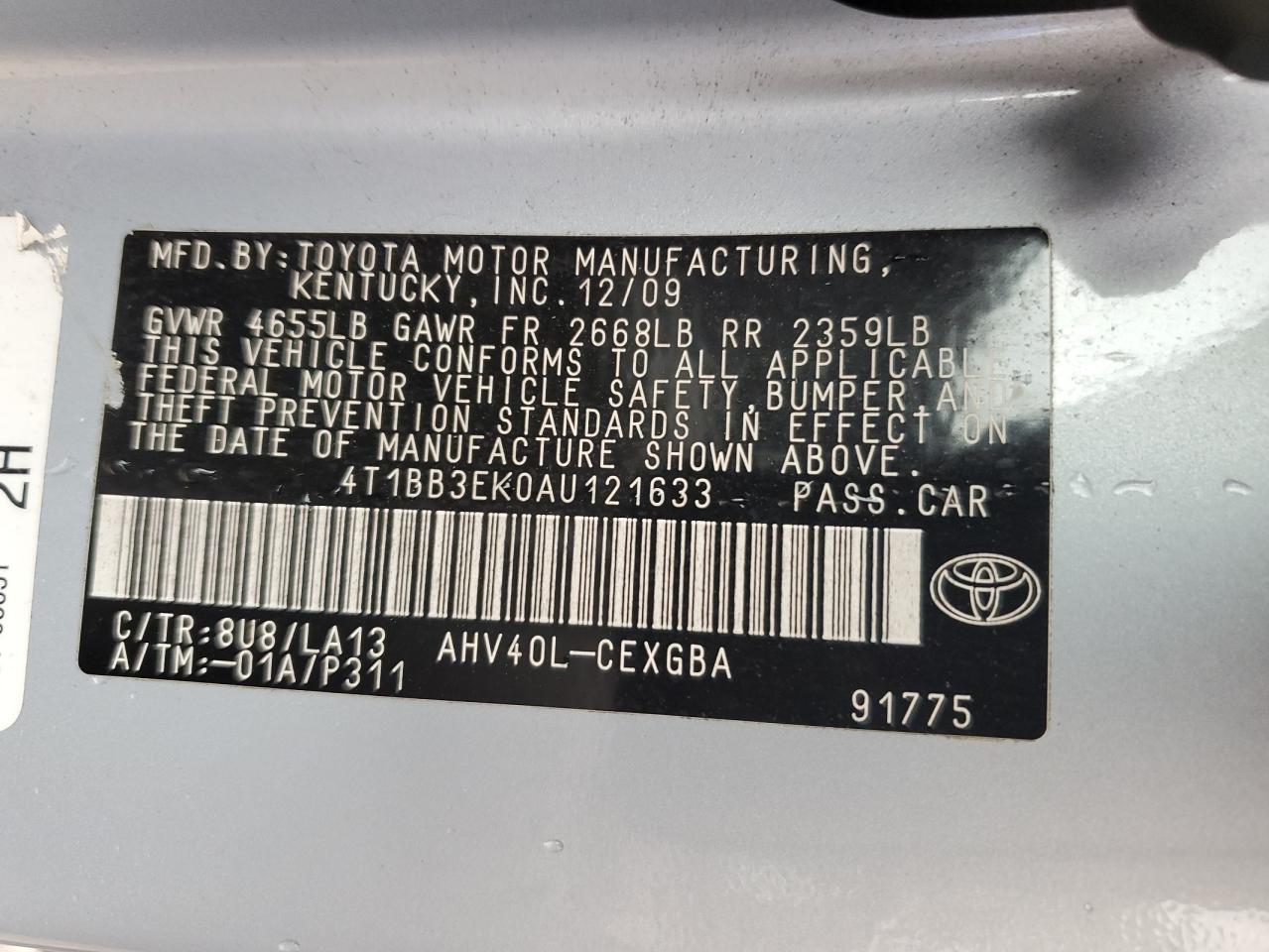 4T1BB3EK0AU121633 2010 Toyota Camry Hybrid