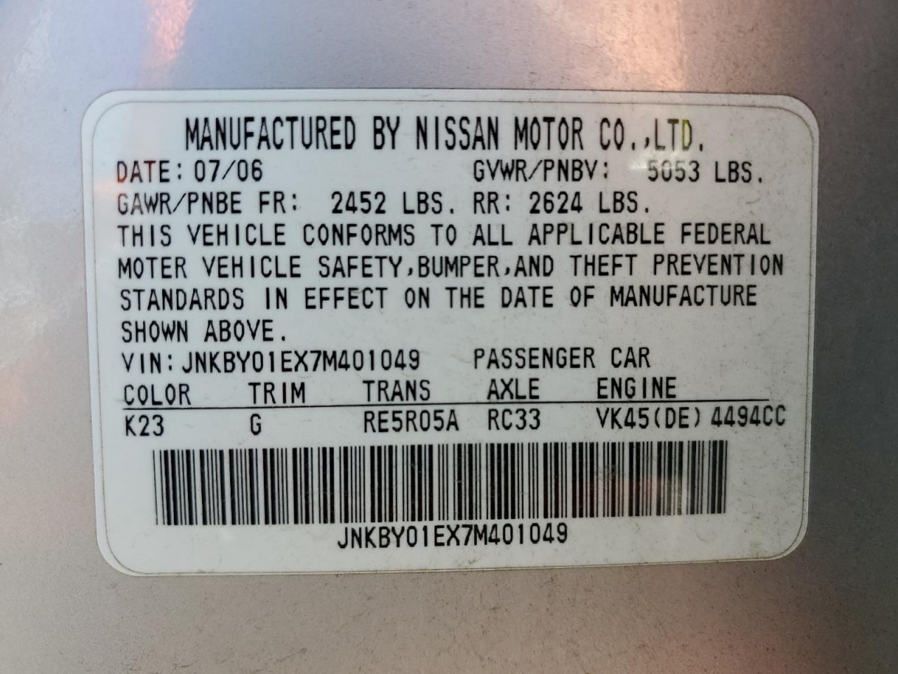 JNKBY01EX7M401049 2007 Infiniti M45 Base