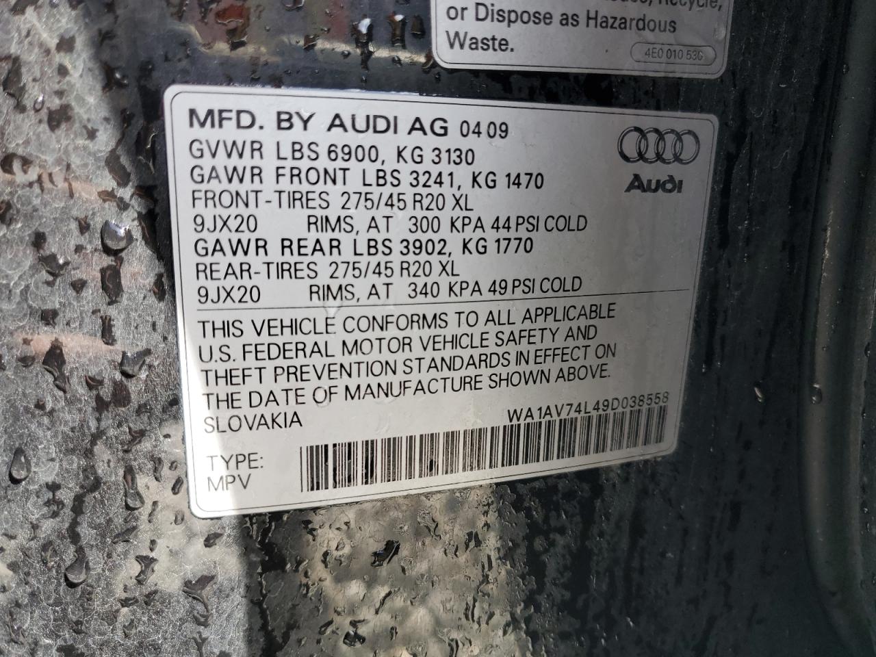 WA1AV74L49D038558 2009 Audi Q7 Prestige