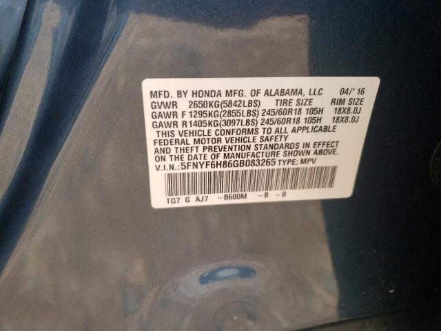 2016 Honda Pilot Exl VIN: 5FNYF6H86GB083265 Lot: 54464914
