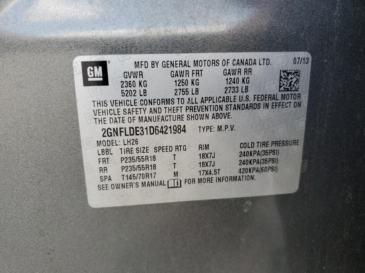 2GNFLDE31D6421984 2013 Chevrolet Equinox Lt