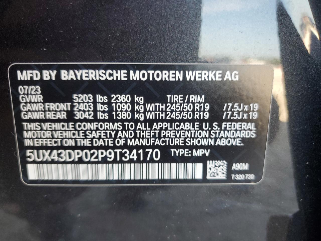 5UX43DP02P9T34170 2023 BMW X3 Sdrive30I