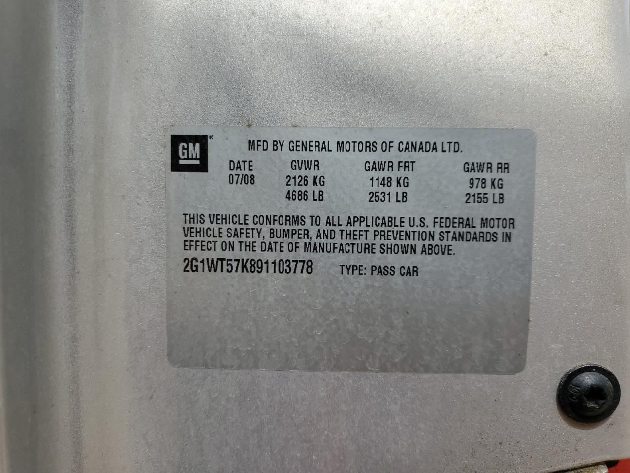 2G1WT57K891103778 2009 Chevrolet Impala 1Lt