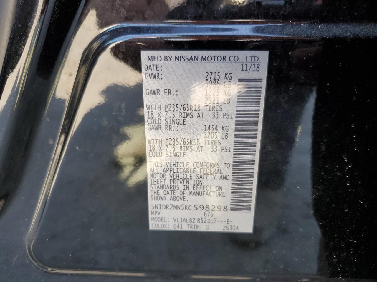 5N1DR2MN5KC598298 NISSAN PATHFINDER 2019