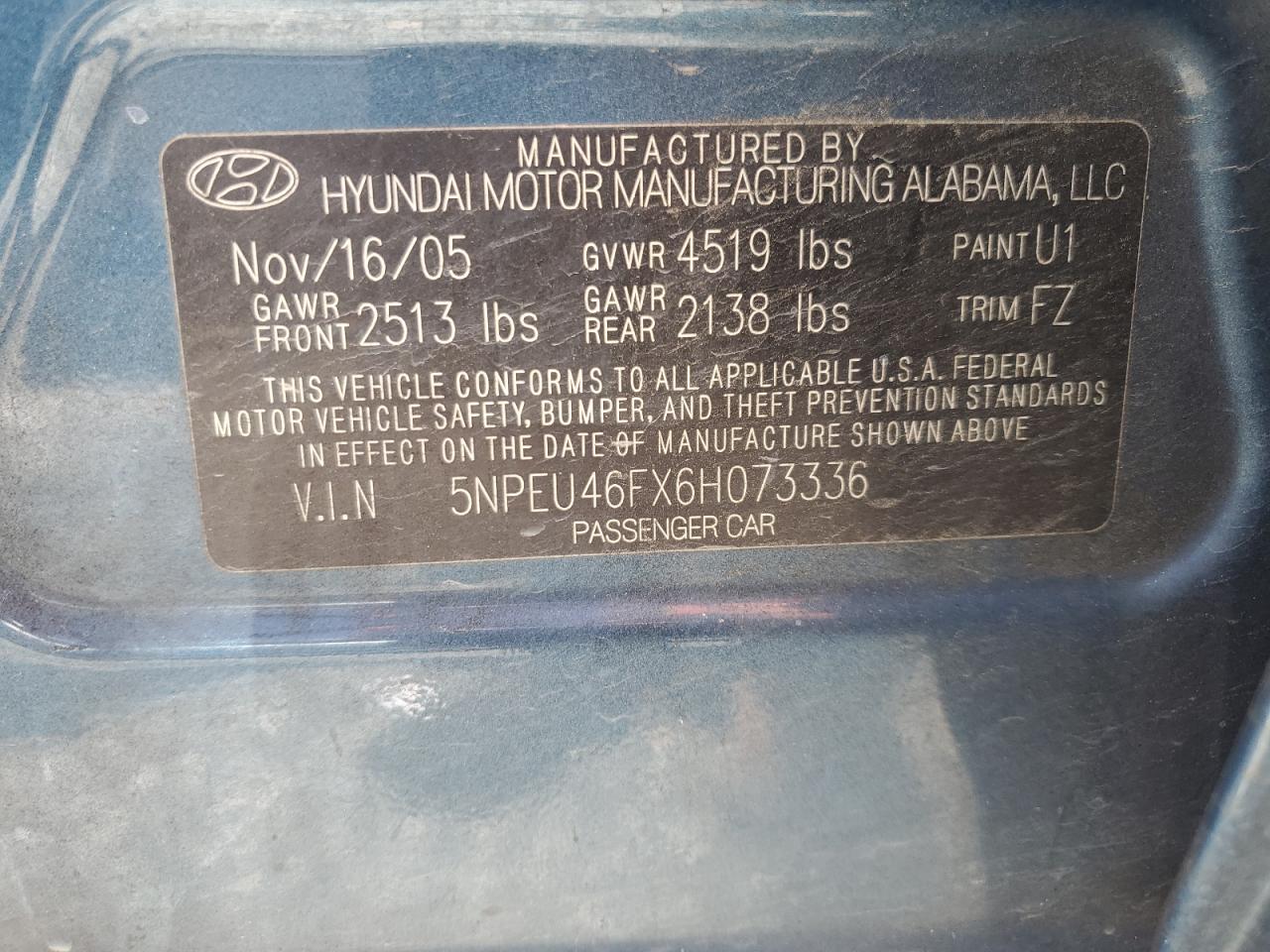 5NPEU46FX6H073336 2006 Hyundai Sonata Gls