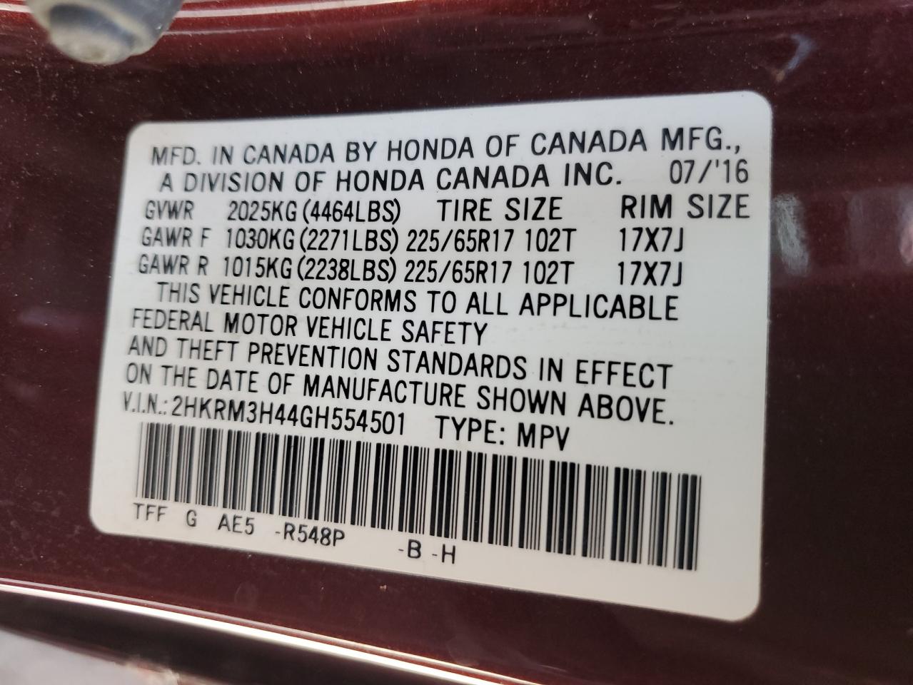 2HKRM3H44GH554501 2016 Honda Cr-V Se