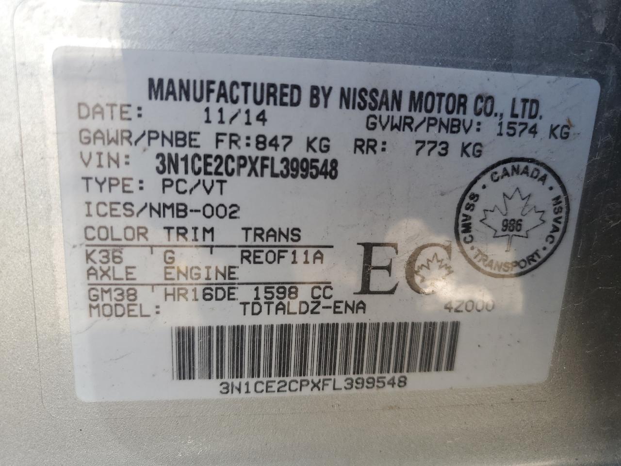 3N1CE2CPXFL399548 2015 Nissan Versa Note S