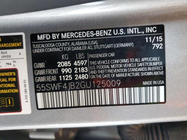 2016 Mercedes-Benz C 300 VIN: 55SWF4JB2GU125009 Lot: 55566254