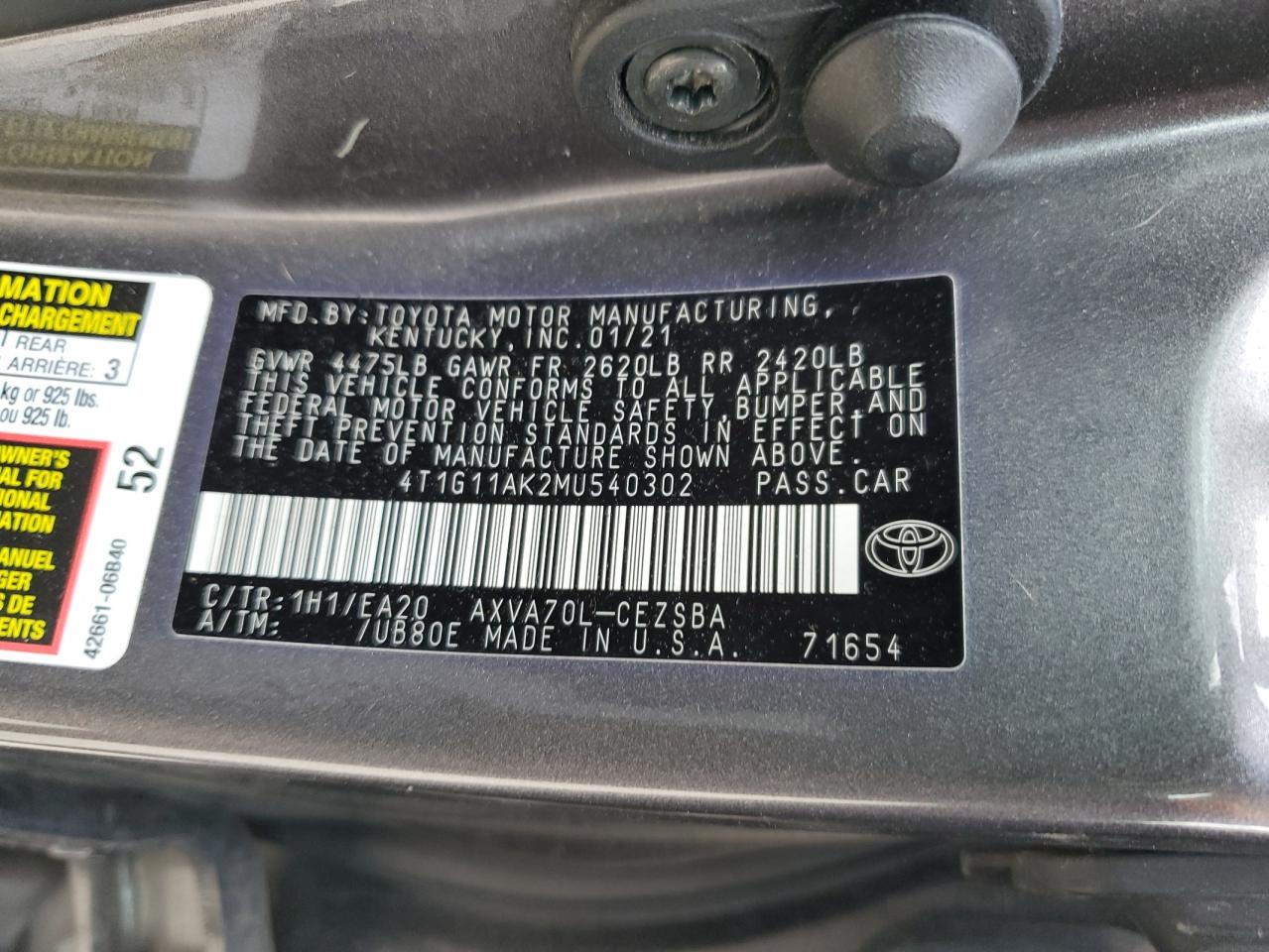 4T1G11AK2MU540302 2021 Toyota Camry Se