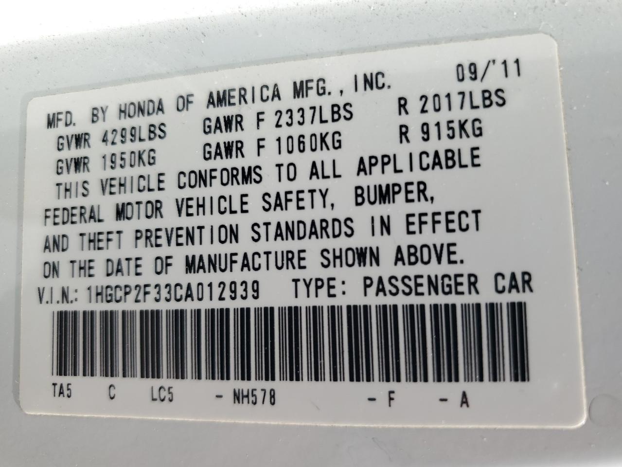 1HGCP2F33CA012939 2012 Honda Accord Lx