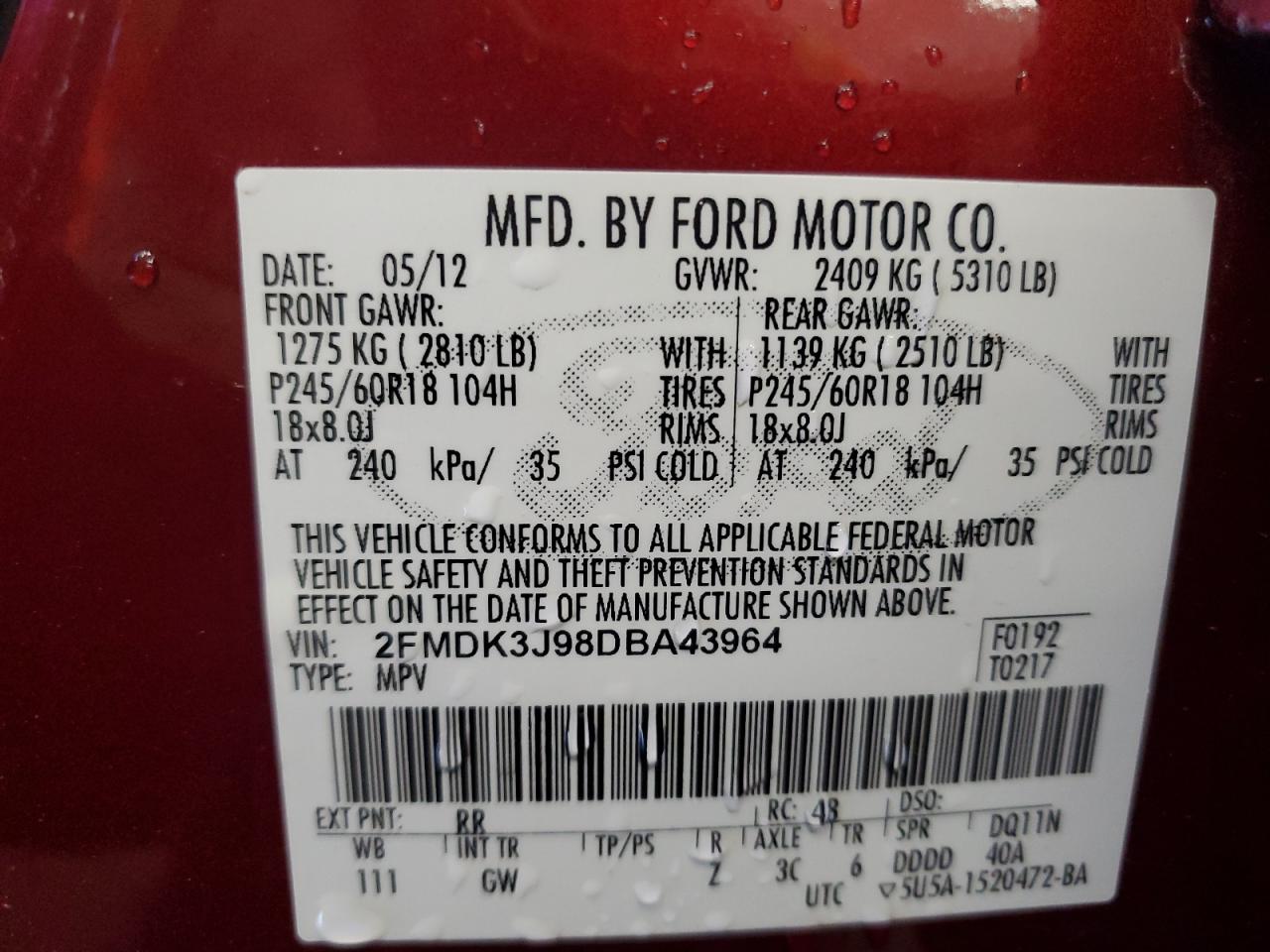 2FMDK3J98DBA43964 2013 Ford Edge Sel