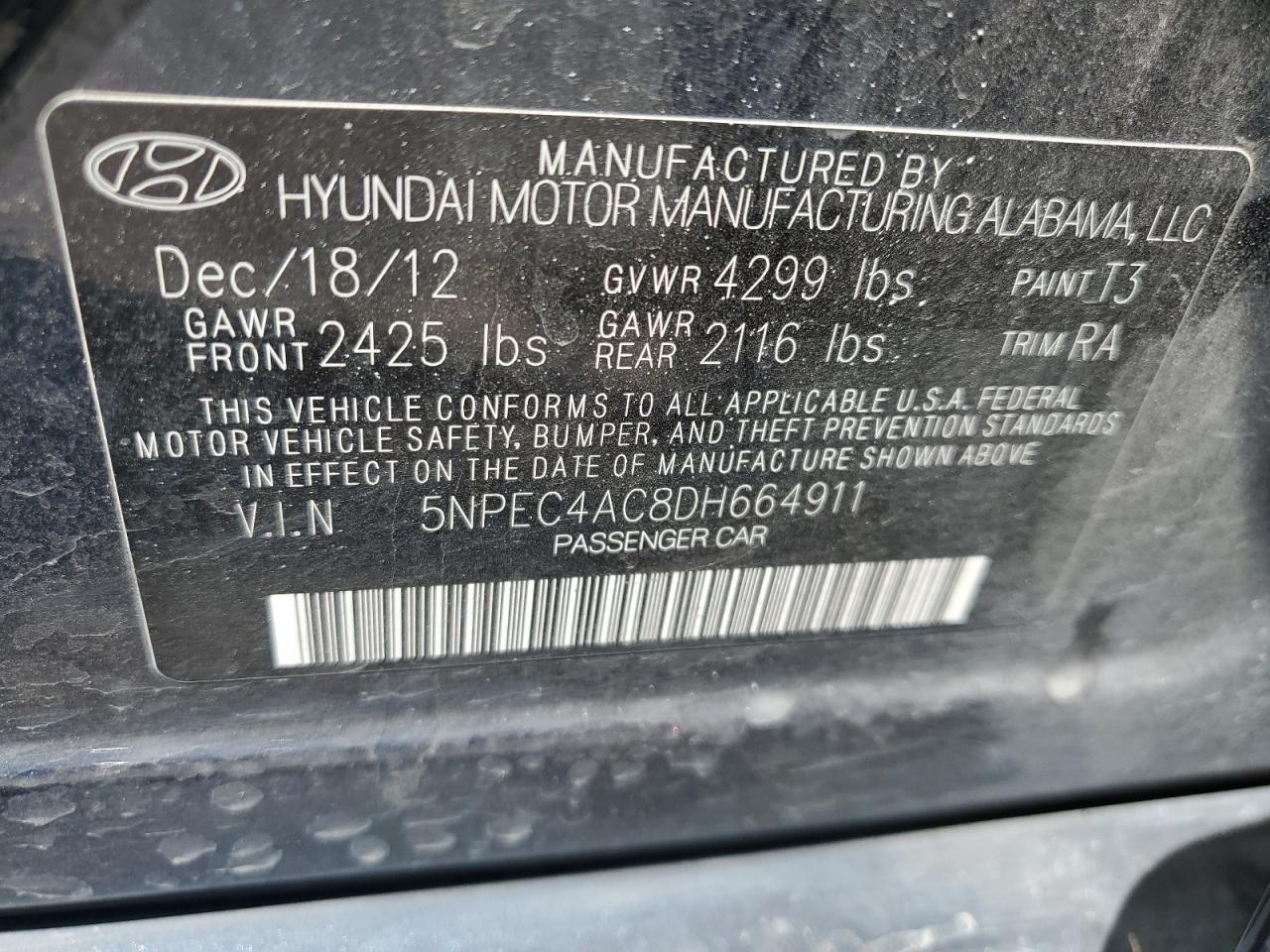 2013 Hyundai Sonata Se vin: 5NPEC4AC8DH664911