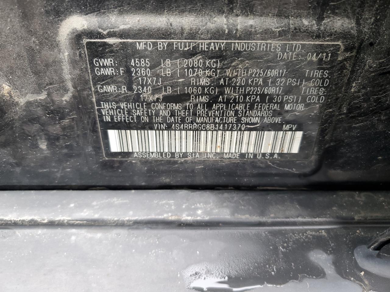 4S4BRBGC8B1417370 2011 Subaru Outback 2.5I Premium